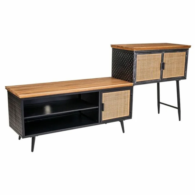 Alexandra House Living Buffet Marron Noir Gris Fer Rotin Bois d'épicéa 42 x 90 x 202 cm