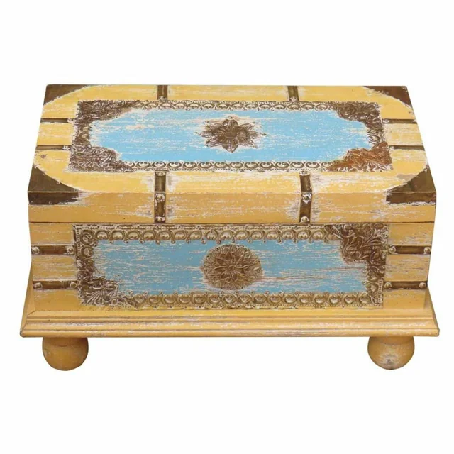 Alexandra House Living Chest Amarelo Azul Madeira de Manga 28 x 27 x 50 cm Estilo Artesanal