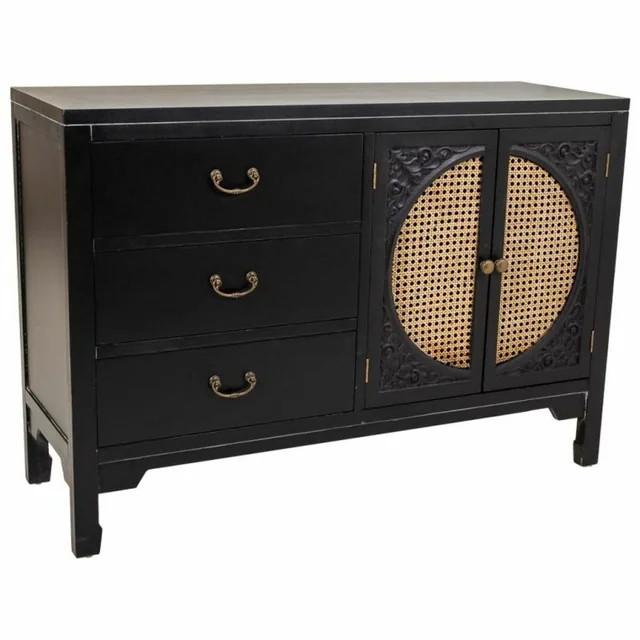 Alexandra House Living Sideboard Black Rattan Spruce Wood 36 x 73 x 106 cm