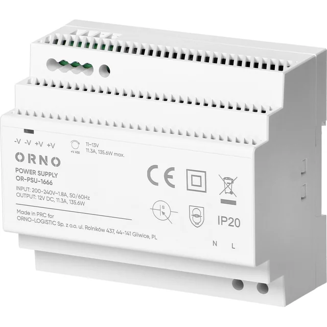 Alimentation rail DIN Orno, modules 12VDC, 11,3A, 135,6W, 6