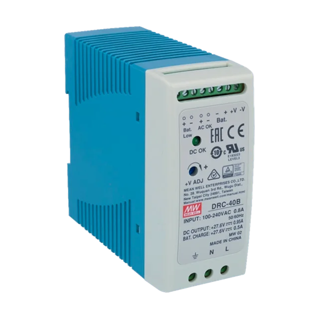 Alimentatore switching, 27.6V / 0.95A + 0.5A, guida DIN, backup - MEAN WELL DRC-40B