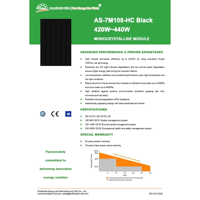 Amerisolar AS-7M108-HC 440W 1500V Пълно черно
