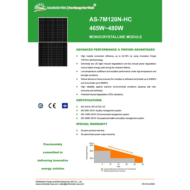 Amerisolar AS-7M120N-HC 480W 1500V черна рамка