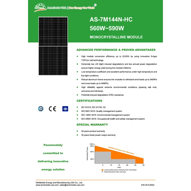 Amerisolar AS-7M144N-HC 580W 1500V Μαύρο πλαίσιο