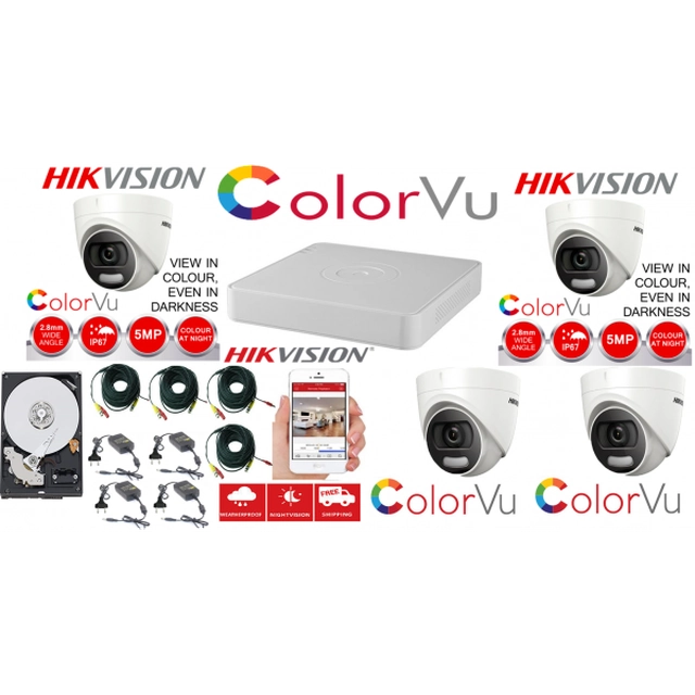 Ammattimainen Hikvision Color Vu -valvontajärjestelmä 4 kamerat 5MP IR20m, DVR 4 kanavia, kaikki lisävarusteet ja HDD