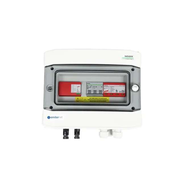 Anschluss der PV-SchaltanlageDCAC hermetischer IP65 EMITER mit DC-Überspannungsableiter Dehn 1000V Typ 1+2, 1 x PV-Kette, 1 x MPPT // Grenzwert.AC Dehn Typ 1+2, 16A 3-F