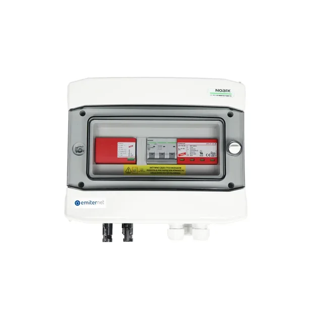 Anschluss der PV-SchaltanlageDCAC hermetischer IP65 EMITER mit DC-Überspannungsableiter Dehn 1000V Typ 1+2, 1 x PV-Kette, 1 x MPPT // Grenzwert.AC Dehn Typ 1+2, 20A 3-F