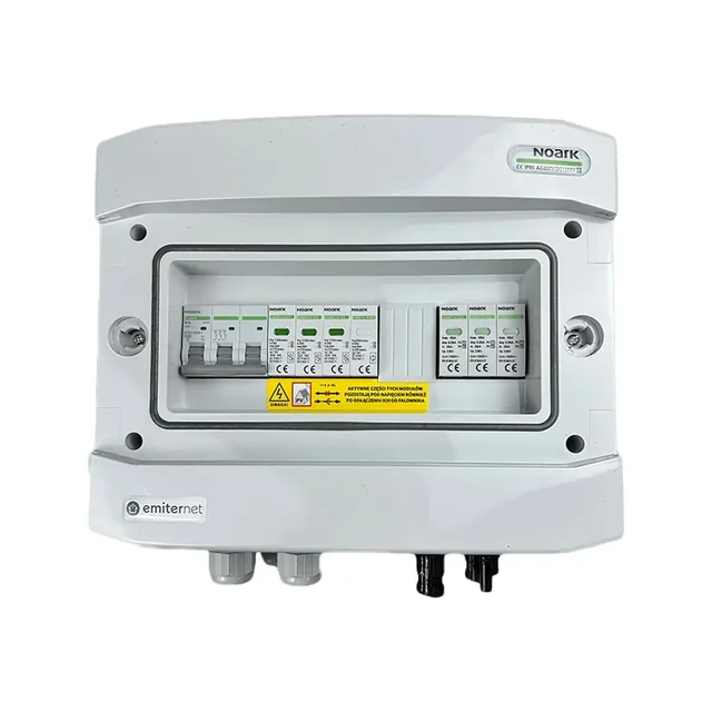 Anschluss der PV-SchaltanlageDCAC hermetischer IP65 EMITER mit DC-Überspannungsableiter Noark 1000V Typ 1+2, 1 x PV-Kette, 1 x MPPT // Grenzwert.AC Noark Typ 1+2, 16A 3-F