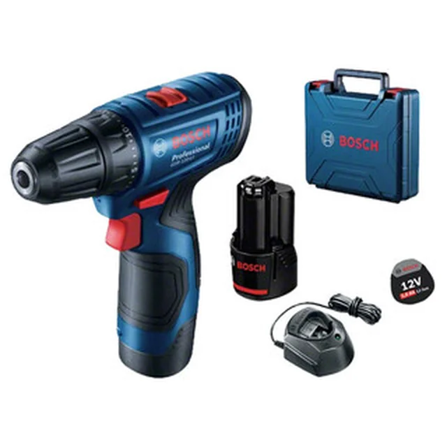 Aparafusadora sem fio Bosch GSR 120-LI com mandril 12 V | 14 Nm/30 Nm | Escova de carbono | 2 x 2 Ah bateria + carregador | em uma mala