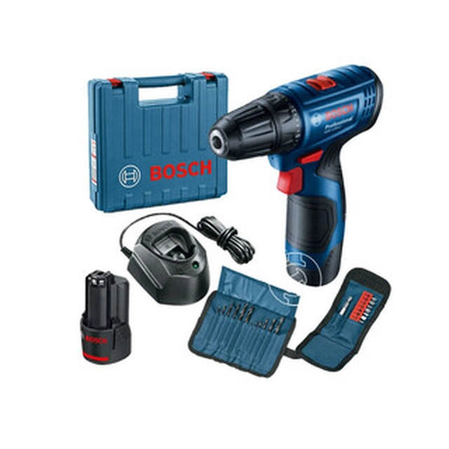 Aparafusadora sem fio Bosch GSR 120-LI com mandril 12 V | 14 Nm/30 Nm | Escova de carbono | 2 x 2 Ah bateria + carregador | em uma mala