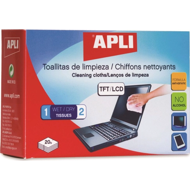 Apli Kosteus- ja kuivapyyhkeet TFT/LCD-näyttöjen puhdistamiseen 40 kpl.(AP11325)