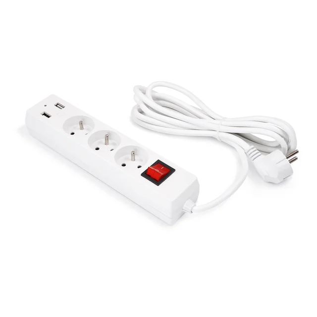 APPIO Удължителен кабел 3m - 2x USB + 3 x гнездо 230V - Бял