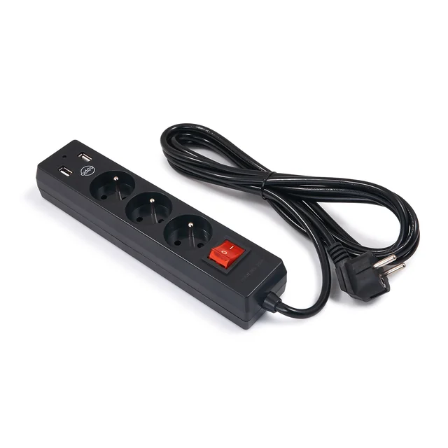 APPIO Verlengkabel 3m - 2x USB + 3 x socket 230V - Zwart