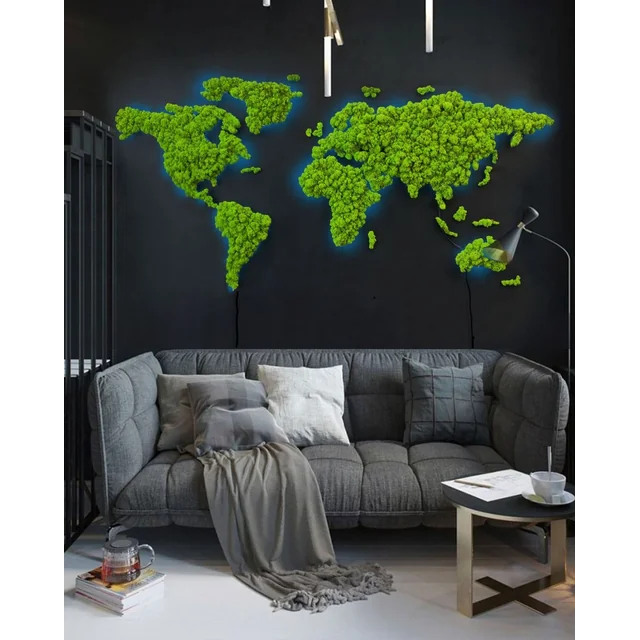 Apšviestas pasaulio žemėlapis iš samanų Chrobotka Sikorka® 180x90cm