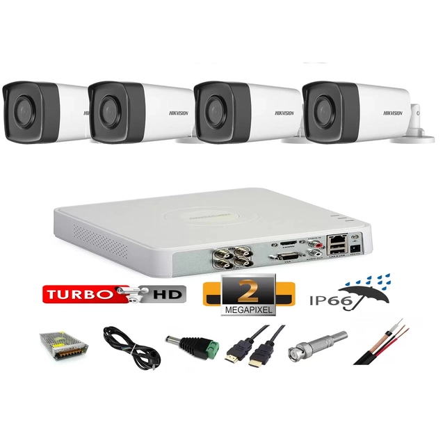 Āra profesionāla videonovērošanas sistēma 4 kameras 2MP Hikvision Turbo HD 40m IR pilni aksesuāri aksesuāri, internets