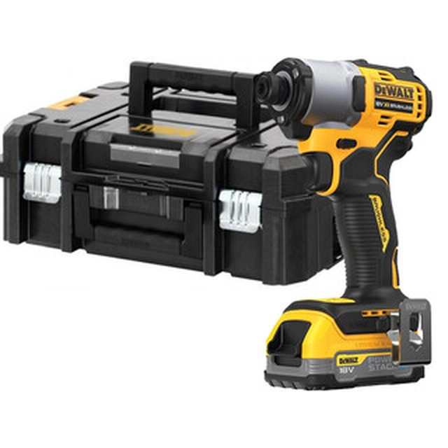 Atornillador de impacto inalámbrico DeWalt DCF840E1T-XJ con portapuntas 18 V | 192 Nm | 1/4 bits | Carbón sin escobillas | Batería 1 x 1,7 Ah | TSTAK en una maleta