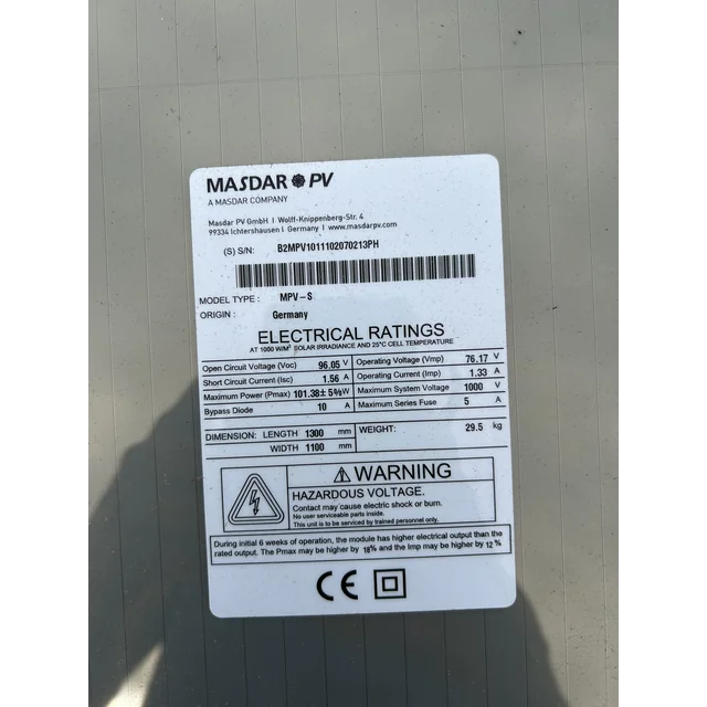 aurinko moduuli; PV-moduuli; Masdar MPV-100-S