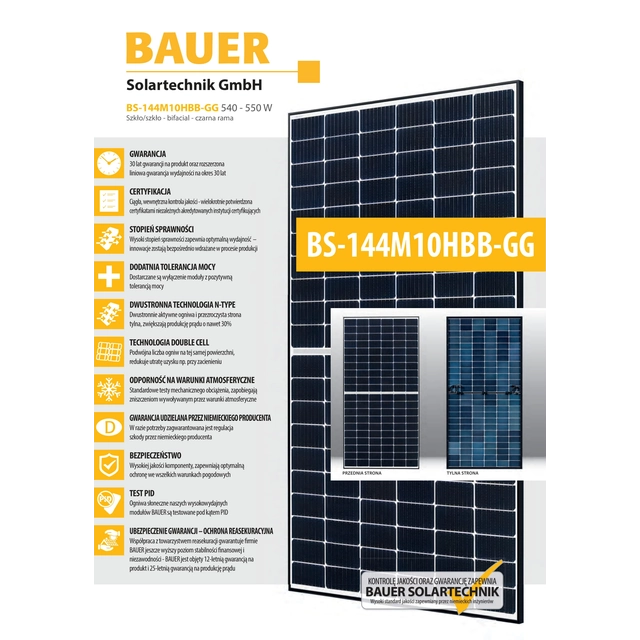 Aurinkosähkömoduuli BAUER SOLAR 550W LASI - LASI BIFACIAL MUSTA RUNKO