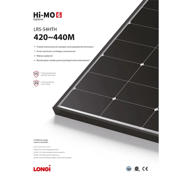 Aurinkosähkömoduuli PV-paneeli 440Wp Longi Solar LR5-54HTH-440M Hi-MO 6 Explorer Musta kehys Musta kehys