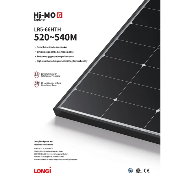 Aurinkosähkömoduuli PV-paneeli 520W Longi LR5-66HTH-520M Hi-MO 5M Musta kehys Musta kehys