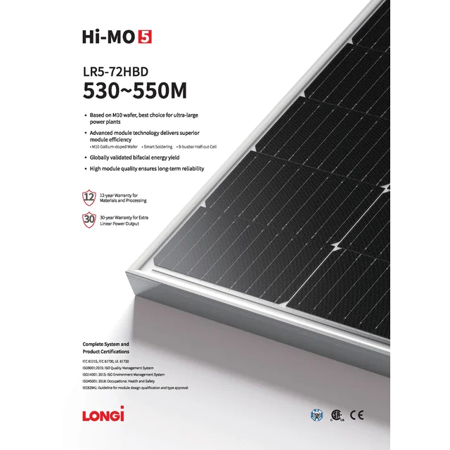 Aurinkosähkömoduuli PV-paneeli 550W Longi LR5-72HTB-550M Kaksoislasinen bifacial hopeakehys