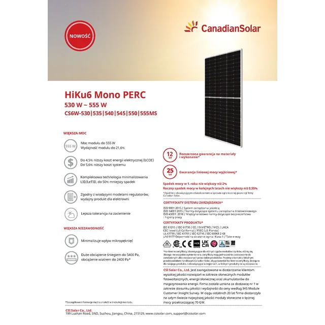 Aurinkosähkömoduuli PV-paneeli 555Wp Canadian Solar CS6W-555MS Hopeakehys