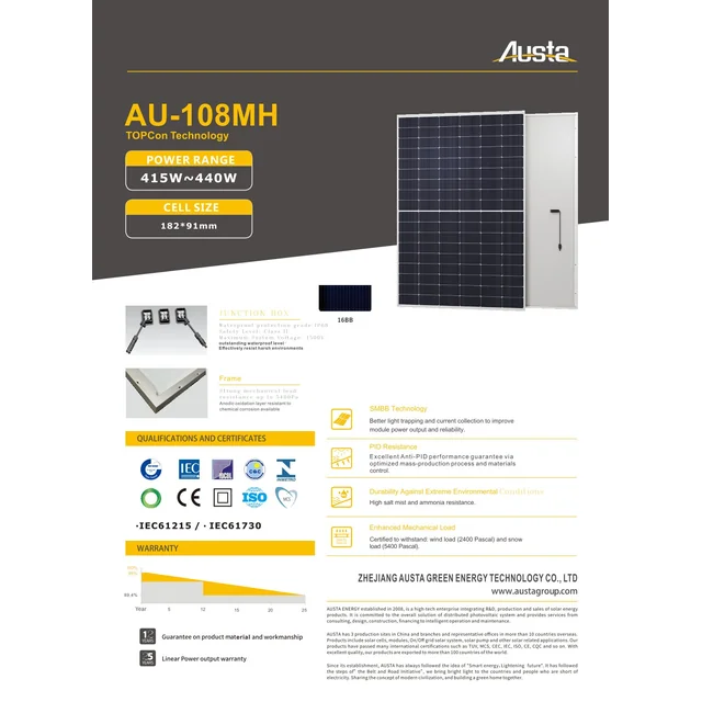 Austa AU430-27V-MH 415-440 1500V Black Frame 430W Single Glass, Black Frame, N-Type