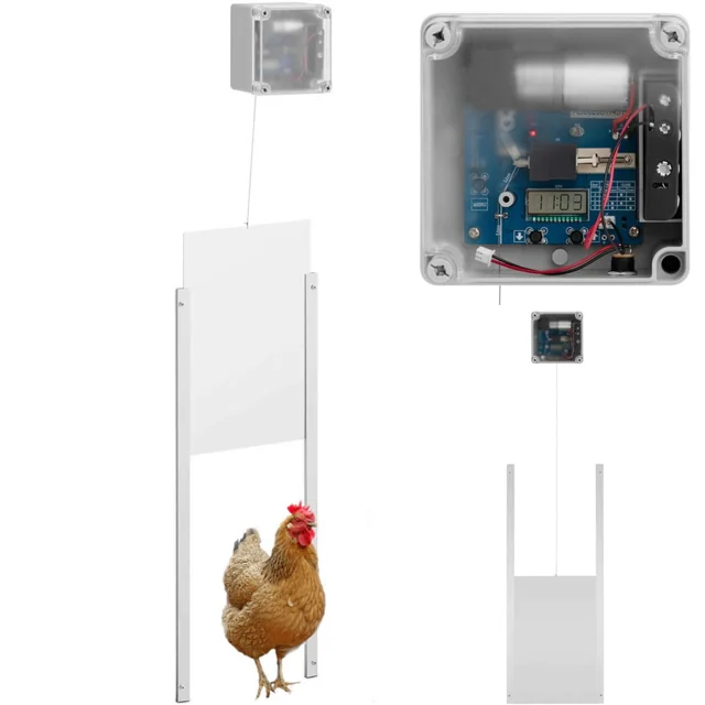 Automatic chicken coop door flap with light sensor, battery and mains powered LCD