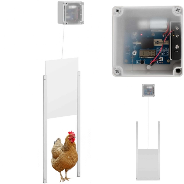 Automatic chicken coop door flap with light sensor, battery powered LCD