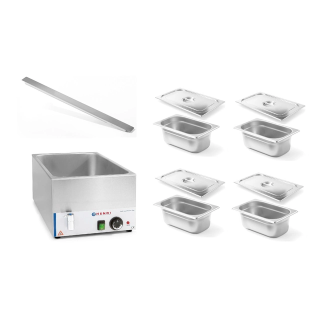 Bain-marie med hane, elektrisk buffet, opdelt i 4 Hendi-beholdere + låg 238912