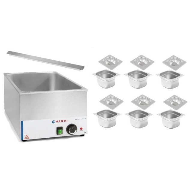 Bain-marie med hane, elektrisk buffet, opdelt i 6 beholdere + Hendi låg 238912