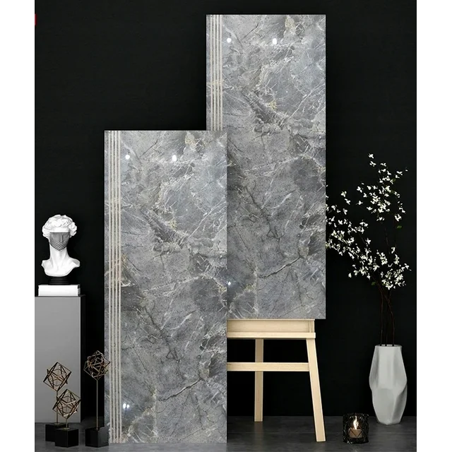 Baldosas de escalera 120x30 tipo STONE gris VEINS - Set escalera BRILLO