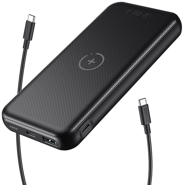 banco de poder 10000mAh 18W Carregamento rápido USB USB tipo C + carregador sem fio Qi 10W preto