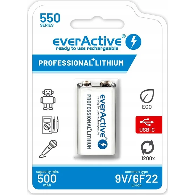 Bateria EverActive everActive 6F22/9V Li-ion 550 mAh com USB TIPO C