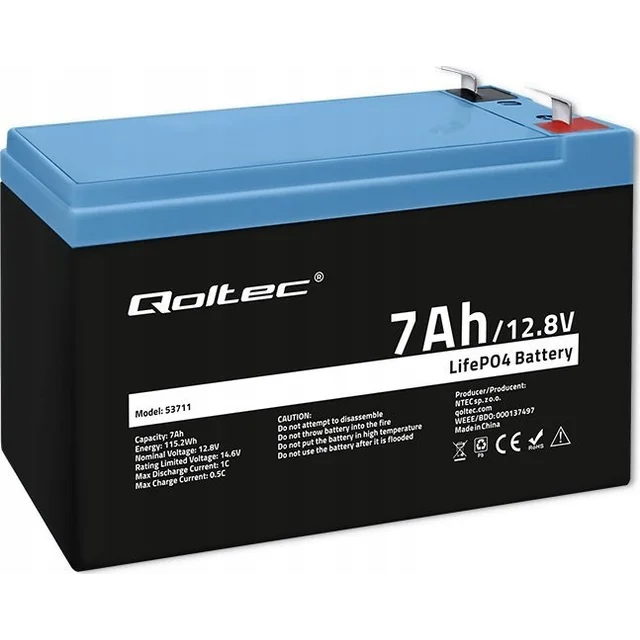 Bateria Qoltec Qoltec LiFePO4 Lítio Ferro Fosfato | 12.8V | 7Ah | 89.6Wh | BMS