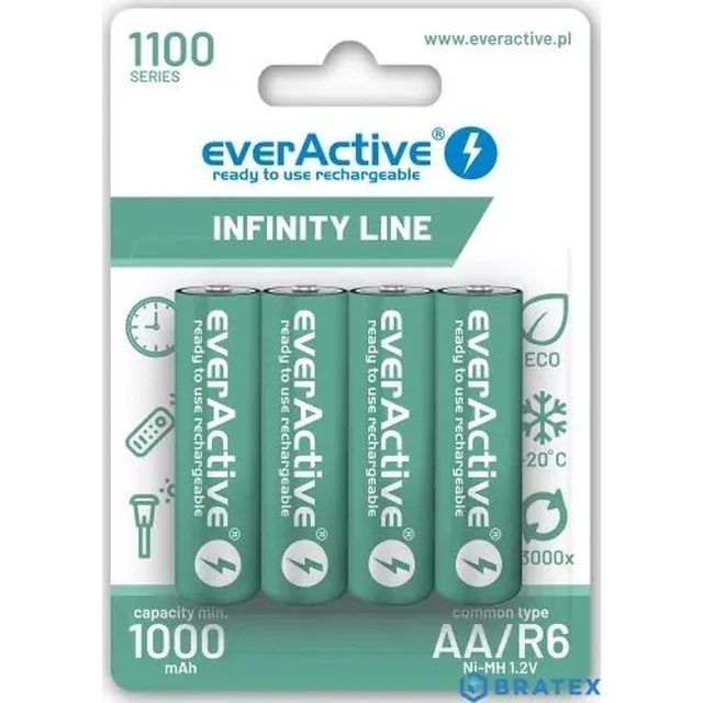 Baterias recarregáveis ​​EverActive R6/AA 1100 mAH, blister 4 PCS.LINHA INFINITY, tecnologia pronta para uso