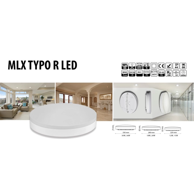MLX TYPO R LED 18W ROUND 1200LM 3000K 280MM IP44 LAMP