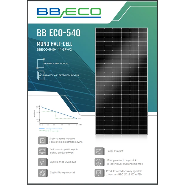 BBE-0013 Aurinkosähkömoduuli 540 W BB ECO BBECO-540-144-SF-V2 - valkoinen kalvo, hopea HALF-CELL-kehys