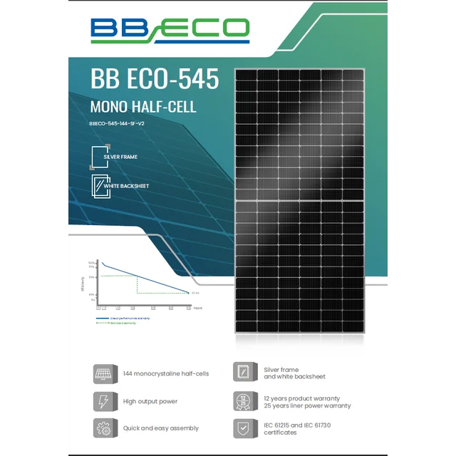 BBE-0015 Fotonapetostni modul 545 W BB ECO BBECO-545-144-SF-V2 - bela folija, srebrn okvir POLČELIČNI