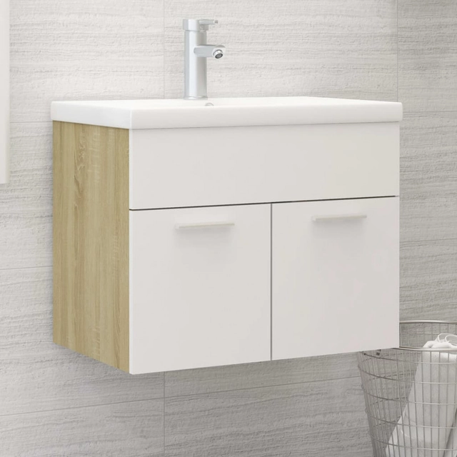 White and oak chipboard washbasin with built-in shell