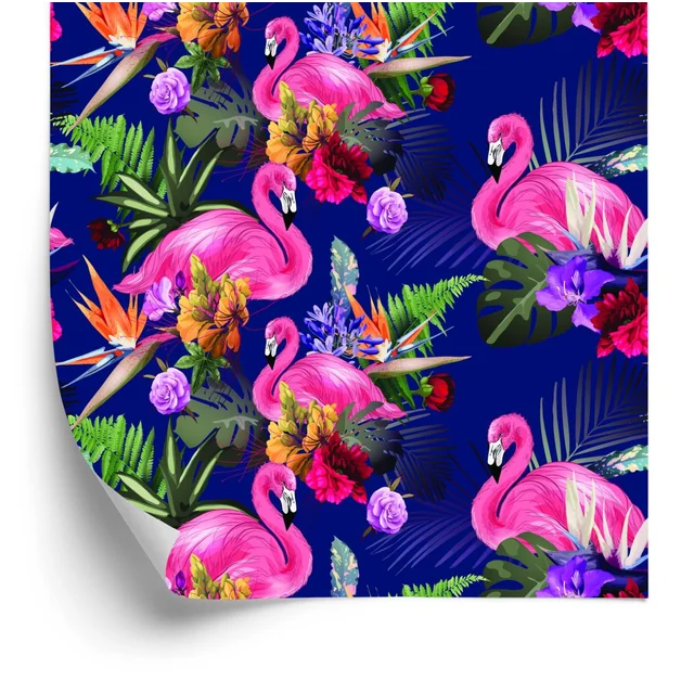 Behang voor de woonkamer, vogels, flamingo's, bloemen, planten