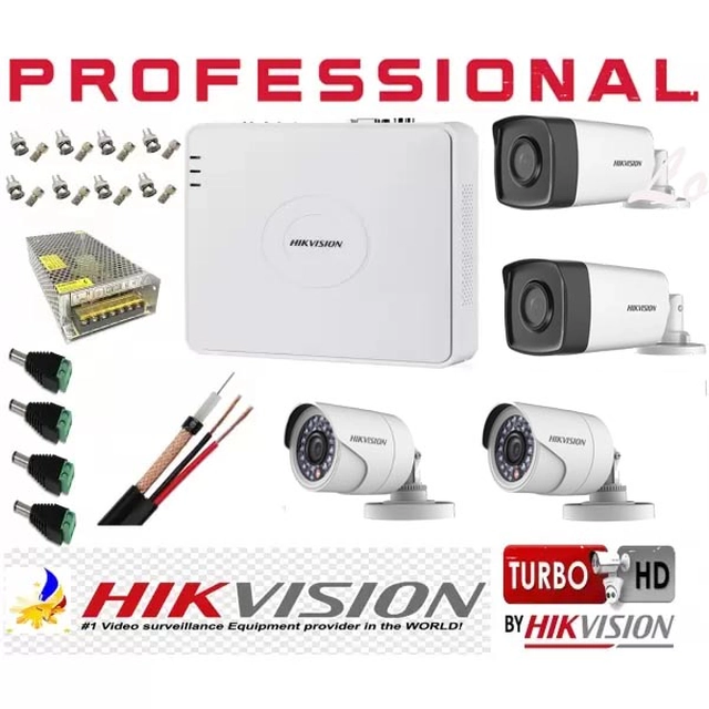 Bewakingskit 4 Hikvision-camera's 2MP 2 camera's IR40m en 2 IR-camera's 20m, met accessoires