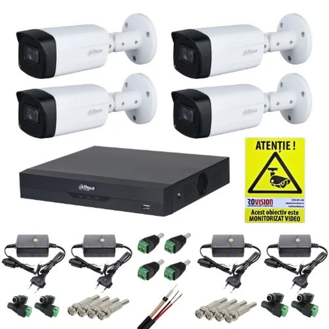 Bewakingskit 4K Dahua 4 IR-camera's 40m IP67, WizSense DVR 4 kanalen 4K-N/5MP, installatieaccessoires + ROVISION sticker cadeau