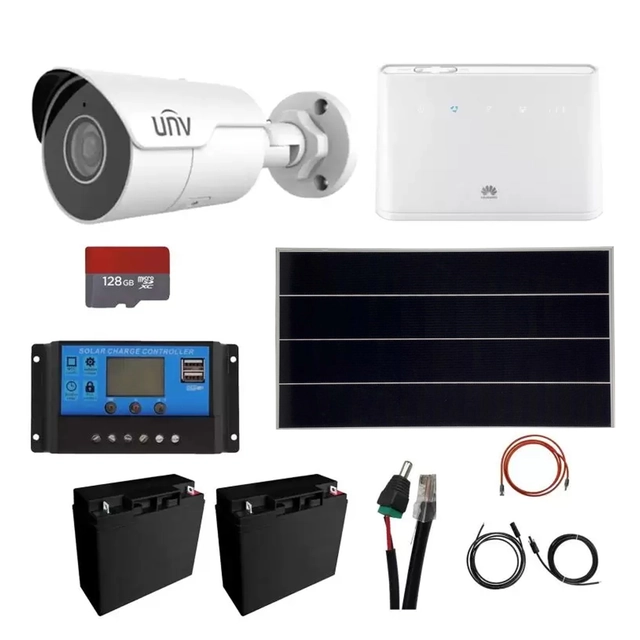 Bewakingskit Zonnepaneel 170W, camera 4MP IP Poe Starlight UNV IR 50M met kaart van 128GB, batterijen 12V, accessoires, Huawei draadloze router 4G