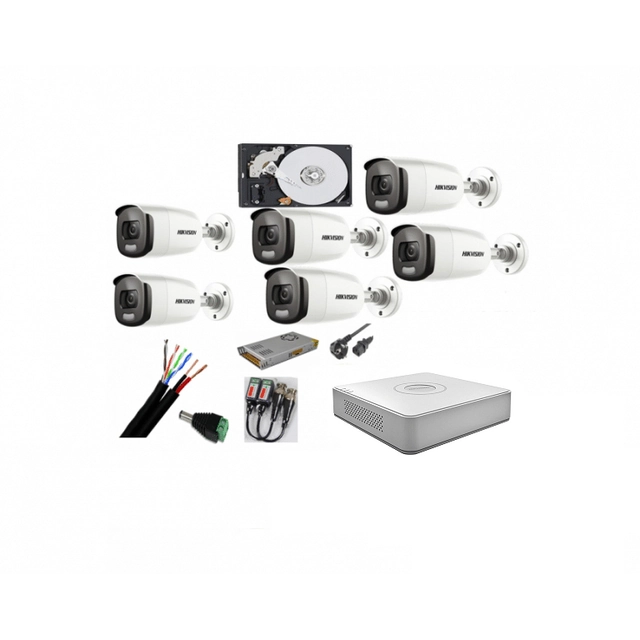 Bewakingssysteem 6 Hikvision-camera's 2mp Color Vu met IR 40m (nachtkleur), DVR 8 kanalen, accessoires
