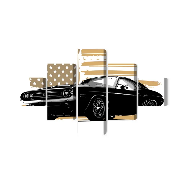 Bild eines mehrteiligen amerikanischen Muscle-Cars mit USA-Flagge im Hintergrund