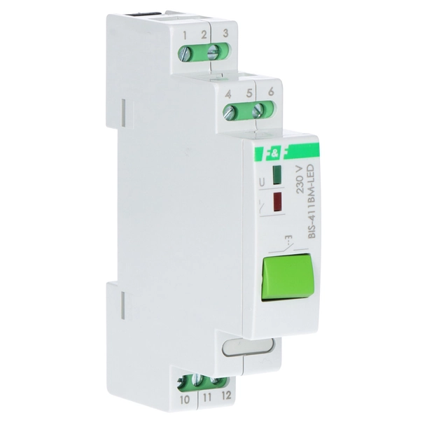 Bistable relay BIS-411BM-LED with a button for manual control, memory, mounting on a DIN rail,230V, with inrush relay 160A/20ms