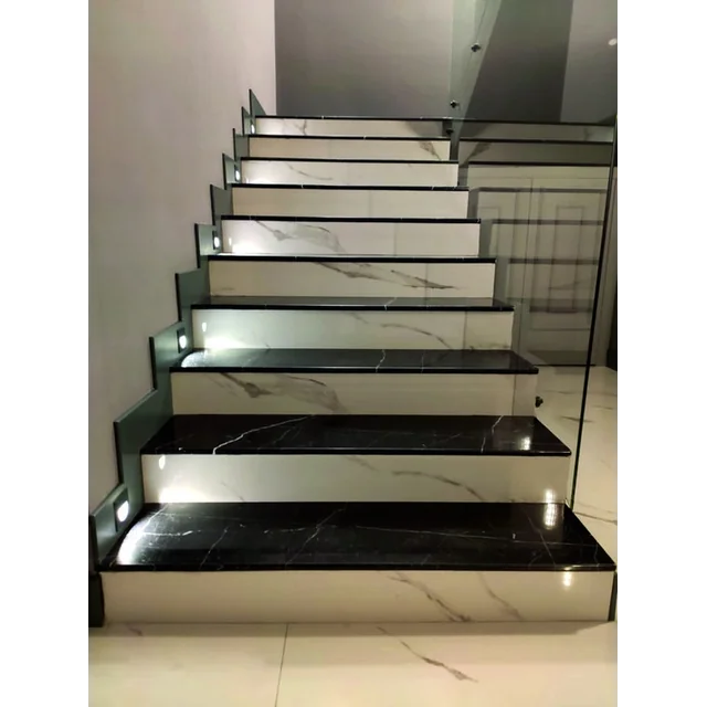 Black marble-like tiles for stairs with VEIN 100x30 high GLOSS