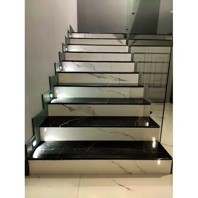 Black marble-like tiles for stairs with VEIN 120x30 high GLOSS