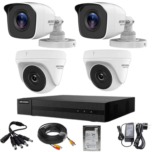Blandat övervakningssystem 4 Hikvision-kameror HiWatch-serien 2MP IR 20m XVR 4 kanaler med hårddisktillbehör 500GB